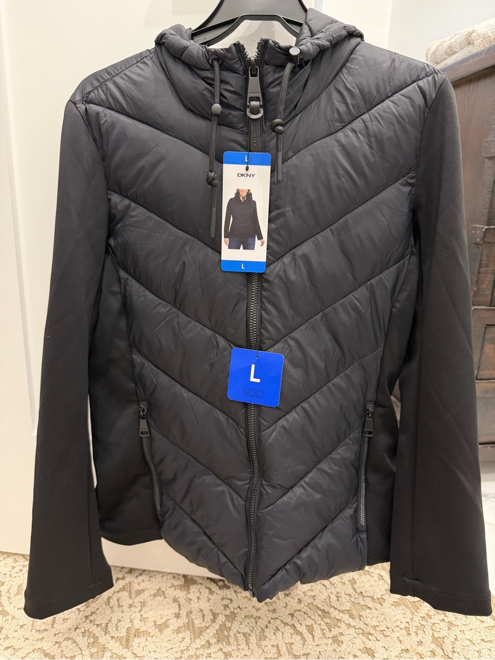 DKNY Women's Mixed Media Scuba Puffer Jacket NWT